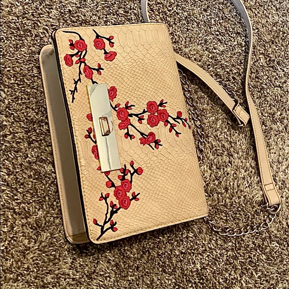 Tan ish light pink crossbody purse with cherry blossom flowers